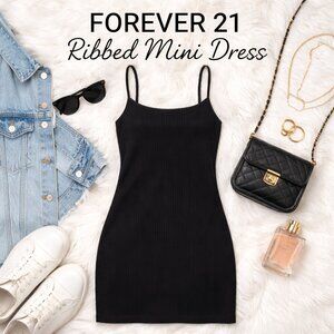 Forever 21 Black Ribbed Bodycon Spaghetti-Strap Medium Mini Slip Dress